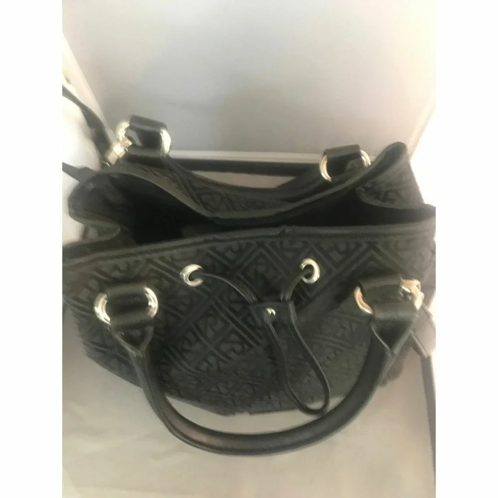 Relic Logo Jacquard Satchel M Black Faux Leather Trim Shoulder Bag Classic Chic